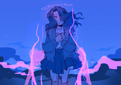 A blue and pink limited color palette drawing of a girl, her hands clasped to her chest, with a halo over her head.