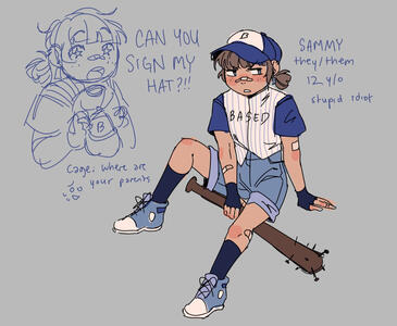 A young character wearing a baseball cap and uniform, carrying a bat filled with nails at one end. A smaller sketch in the top left corner shows them excited, saying "CAN YOU SIGN MY HAT?!"