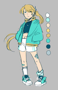 A girl with blonde hair in a long ponytail, wearing a turquoise letterman jacket and sporty clothing. She looks unamused.
