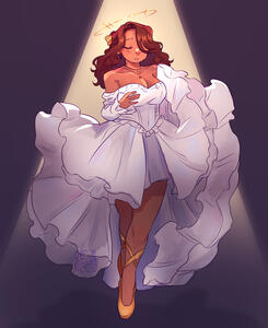 A girl in a billowing white dress. She wears golden ballet shoes, has dark hair, and is illuminated by a spotlight.