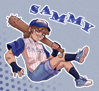 A character with a baseball bat full of nails. They wear a baseball hat and outfit, with the word "BASED" on the shirt. The name "SAMMY" is written in letters behind them.
