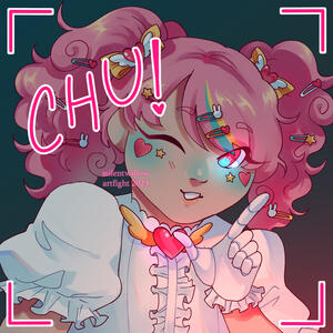 A robotic girl with candy-themed barrettes in curly pink hair and glowing blue eyes. She smiles at the camera. The foreground has "CHU!" written in pink letters alongside a camera focus outline.