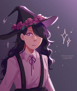 A girl in a witch hat with flowers on the brim, looking to the left a little distraught.
