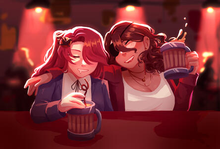 Two women drinking at a bar. The one on the left looks a little more tipsy, while the one on the right looks more excited.