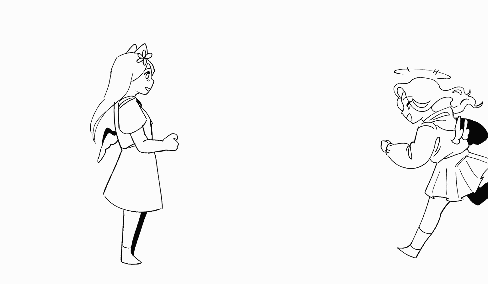 An animated gif of two characters running up to each other and hugging, then spinning in a circle.