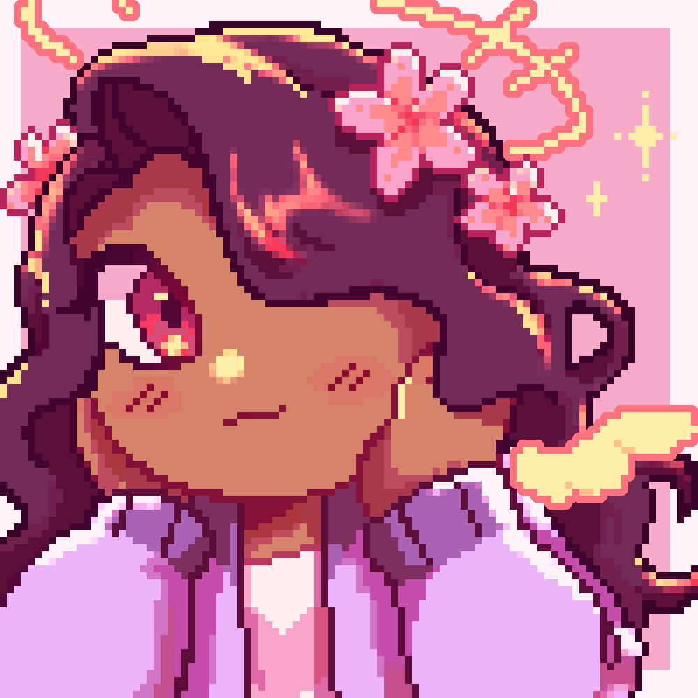 An animated headshot pixel icon of a girl blinking her eyes and flapping her wings.